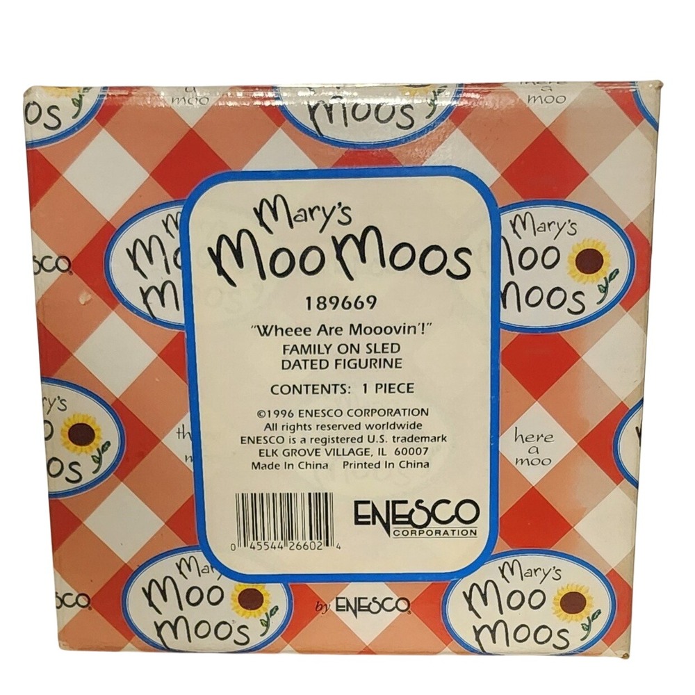 VTG Mary's Moo Moos Wheee Are Moovin Family On Sled Dated Figurine Enesco 1996